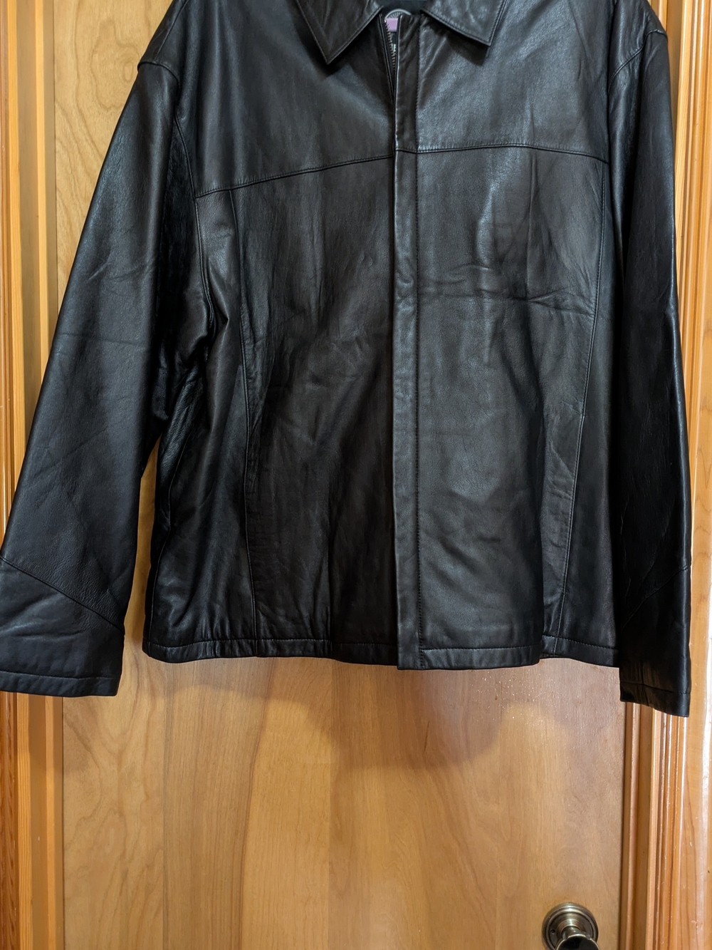 Weatherproof Black Leather Zip-Front Bomber Jacket